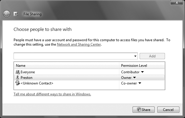 Using the File Sharing dialog to share a folder and set its access privileges