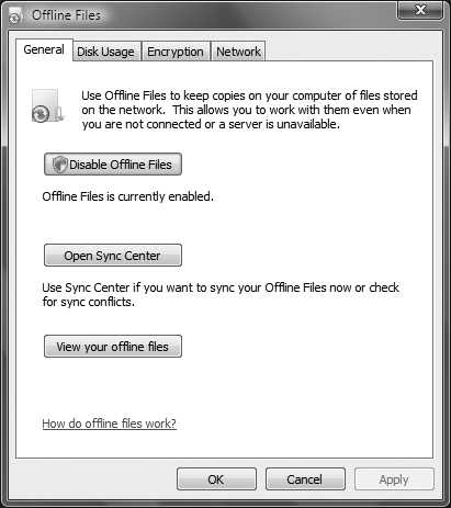 The Offline Files dialog box, which turns offline files on and off and configures offline file usage