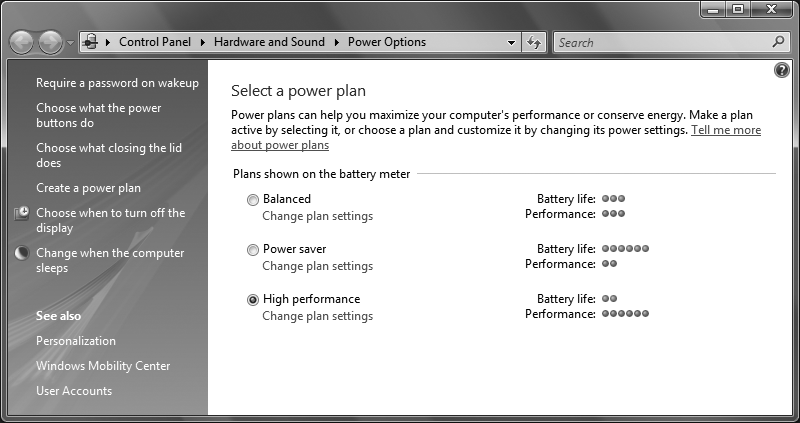 The Power Options window, which lets you configure the various power-saving features of your computer