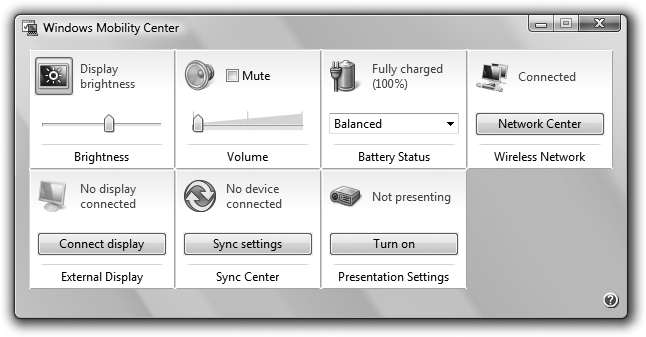 The Windows Mobility Center, which offers quick access to commonly used mobility-related settings