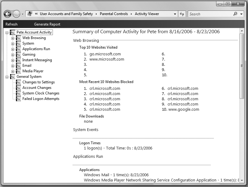 The Parental Controls activity report