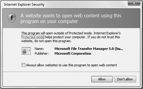 The warning that Internet Explorer’s Protected Mode issues when a web site tries to install software on your PC