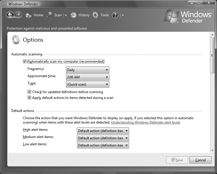 The Options screen, which lets you customize most aspects of Windows Defender