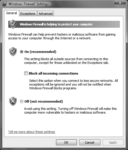 Controlling the basic functions of the Windows Firewall