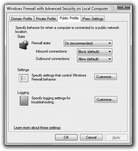 Configuring how the Windows Firewall works on domains, as well as on public and private networks