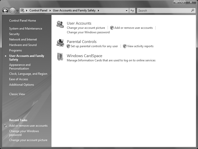 The User Accounts and Family Safety Control Panel, which gives you quick access to the most common tasks related to user accounts