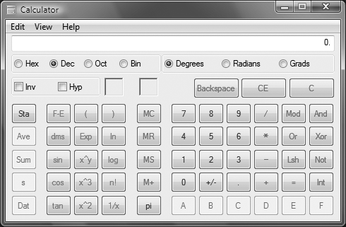 The scientific view of the Calculator, which provides access to many more functions than the standard view