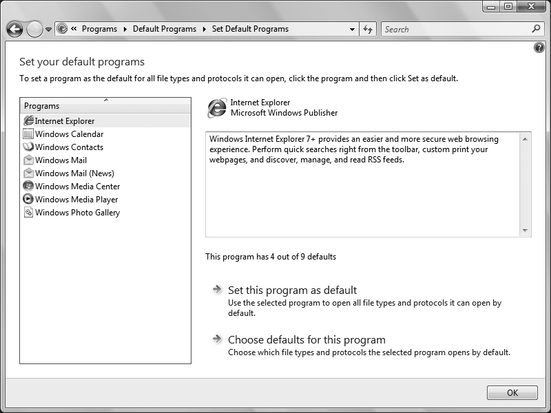 Configuring the default programs for the file types and protocols handled by core Windows Vista applications