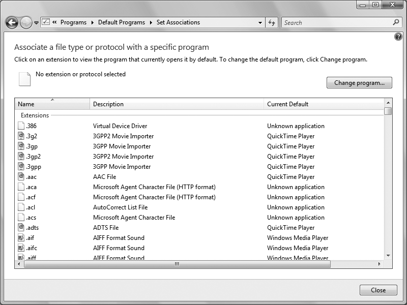 Setting which programs will open file types from the Set Associations screen