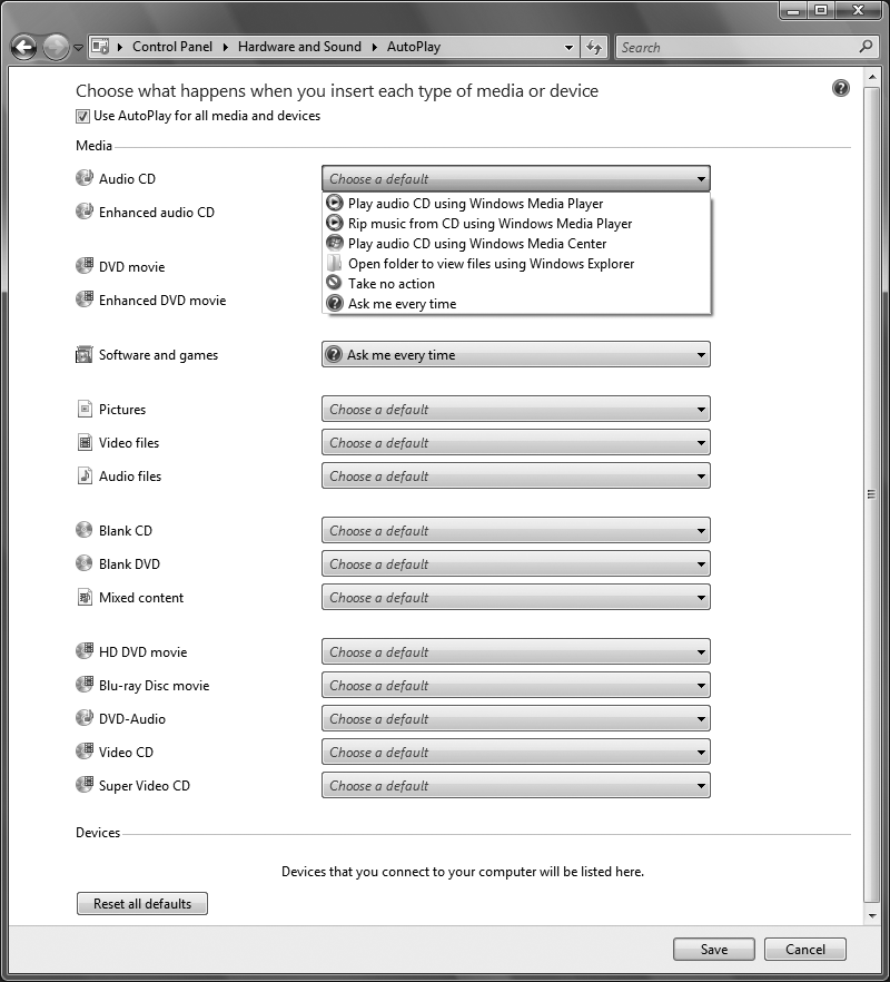 Choosing how Windows Vista decides what actions to take when a CD or DVD is inserted into a drive