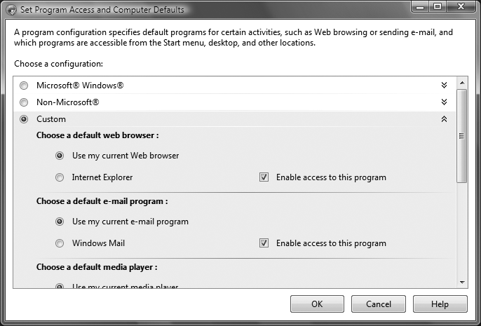 Choosing default programs for web browsing, email, media playing, instant messaging, and using Java