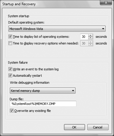 The Startup and Recovery tab, where you can configure options for multiboot systems