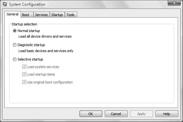 The System Configuration Utility, which helps you troubleshoot startup problems, stops programs and services from loading at startup, and offers diagnostic and customization tools