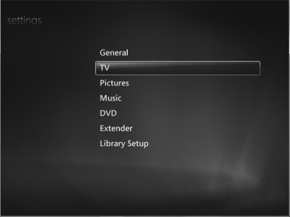 The Windows Media Center’s Settings menu