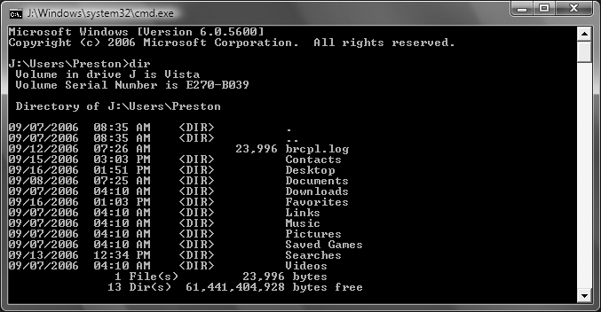 Using the DIR command to view the contents of the current directory in the Command Prompt