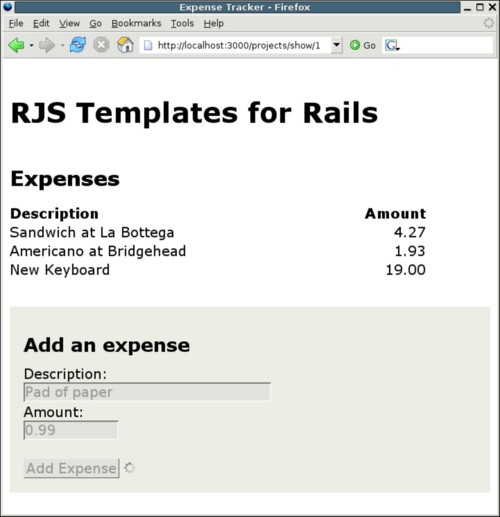 The expense form is disabled and an indicator is shown while the Ajax request is in progress.