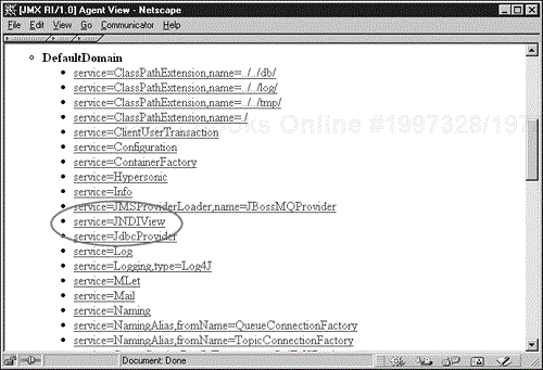 The JNDIView MBean displays the contents of the JBoss Name Service.