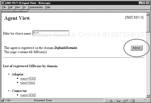 Locate the Admin link on the Agent View page to create a new MBean.
