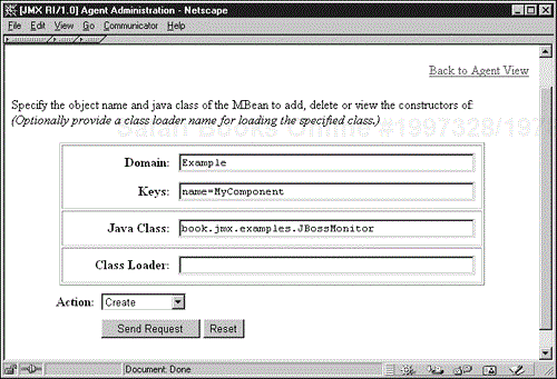 Fill in the object name domain, keys, and the MBean classname before executing the Create action.