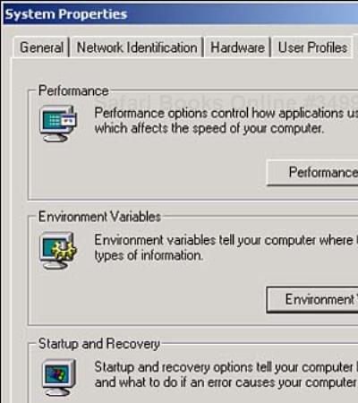 The Advanced tab in the System Properties dialog in Windows 2000 Professional.