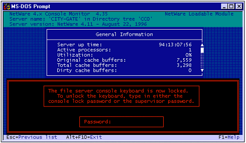 Although NetWare 4’s MONITOR.NLM has a lock function, it requires an administrator to explicitly lock the server, rather than doing so after a timeout.