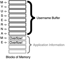 The memory layout of a buffer overflow.