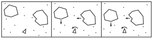 A few cycles of a hypothetical Asteroids game reveals how the objects in the game change slightly with each cycle.