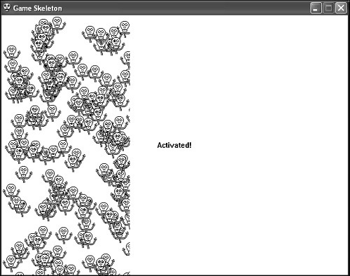 The timing aspect of the game engine causes the Game Skeleton program to fill up quite quickly with randomly placed skeleton icons.