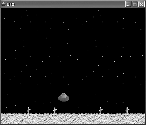 The UFO program example demonstrates how to control an animated graphical object with the keyboard and mouse.