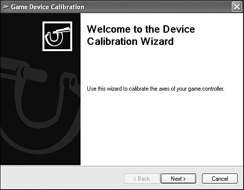 The Device Calibration Wizard provides a means of calibrating joysticks in Windows XP.