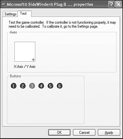 The test window for the Microsoft SideWinder game pad allows you to test out the control pad as well as the game pad’s buttons.