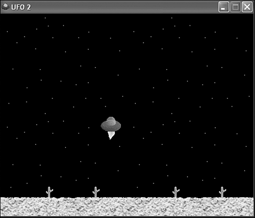 The flying saucer in the UFO 2 program example shows off its new thrusting abilities.