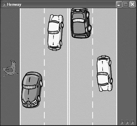 The Henway game begins with the chicken in the Start Area, ready to make an attempt at crossing the busy highway.