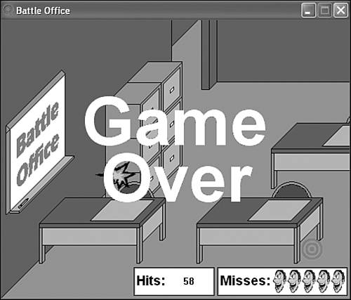 When five guys get away, the game ends and the game over image is displayed.