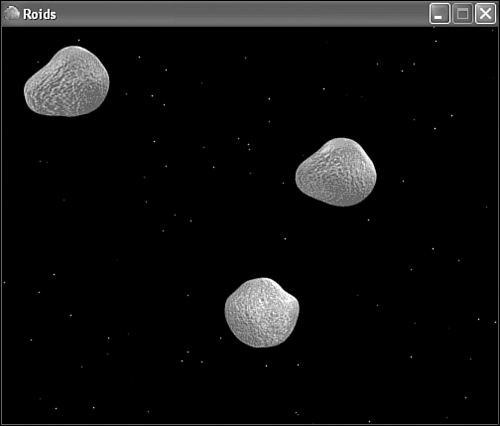 The asteroid sprites in the Roids program tumble over an animated starry background thanks to the new background classes in the game engine.