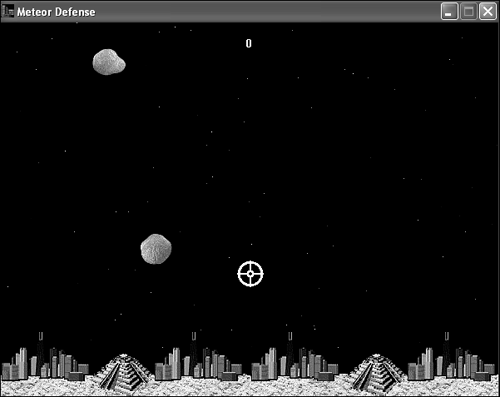 The Meteor Defense game gets started with a couple of meteors hurtling at the cities.