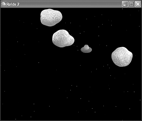 The flying saucer in the Roids 2 program does its best to dodge the asteroids that are floating around the game screen.