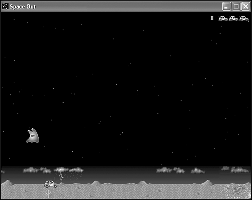 The Space Out game gets started with an alien firing a few missiles at the car below.