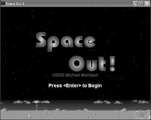 The splash screen in the Space Out 2 game presents the game title, copyright information, and information about how to start the game.