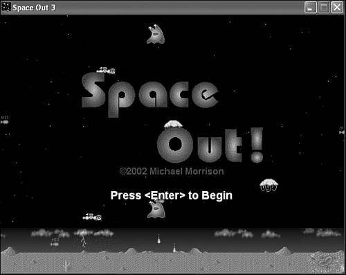 Demo mode in the Space Out 3 game involves several aliens flying around the game screen behind the splash screen image.