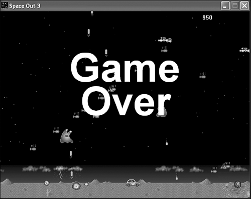 When a game finishes in Space Out 3, the game over screen is displayed for a few seconds.