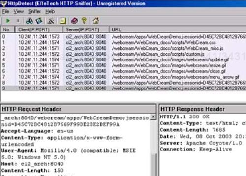 HTTP Sniffer showing intercepted requests.