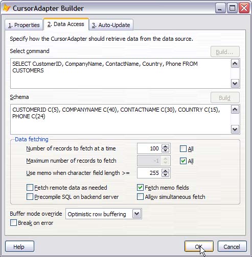 The Data Access page of the CursorAdapter Builder.