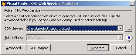 The XML Web Services Publisher dialog.