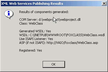 The XML Web Services Publisher Results dialog.