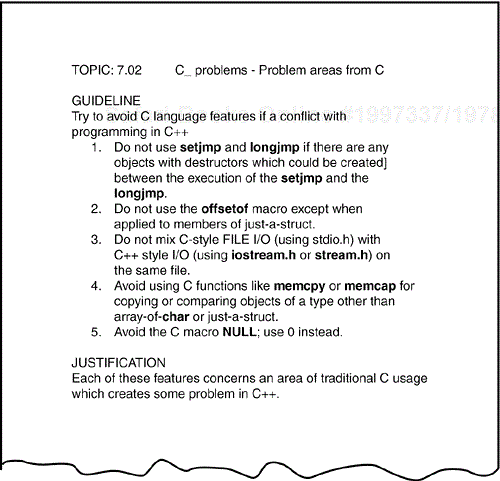 An example of a programming guideline shows how to use certain aspects of C in C++. (Adapted from C++ Programming Guidelines by Thomas Plum and Dan Saks. Copyright 1991, Plum Hall, Inc.)