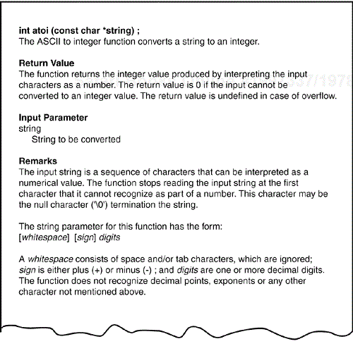 The specification sheet for the C language atoi() function.