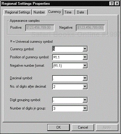 The Windows Regional Settings options allow a user to select how numbers, currency, times, and dates will be displayed.