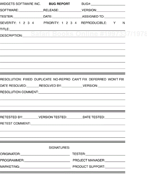 A sample bug report form shows how the details of a bug can be condensed to a single page of data.