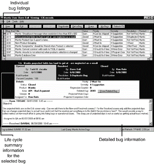 The main window of a typical bug-reporting database shows what an automated system can provide. (Mantis bug database images courtesy of Dave Ball and HBS International, Inc.)